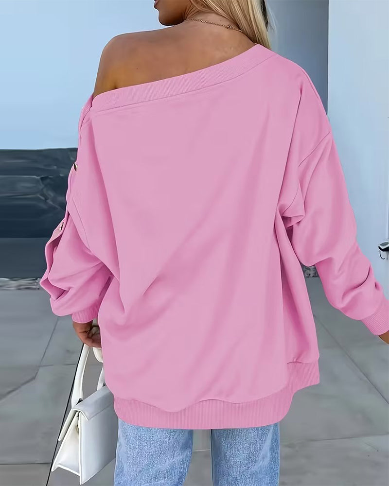 One-Shoulder Button Long Sleeve Sweatshirt