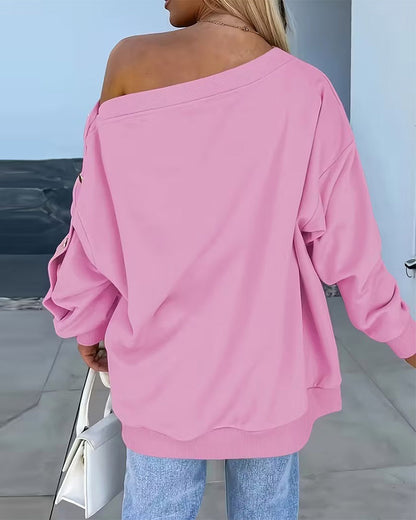 One-Shoulder Button Long Sleeve Sweatshirt