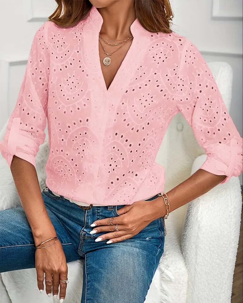 V-neck hollow solid color elegant top blouses & shirts spring summer