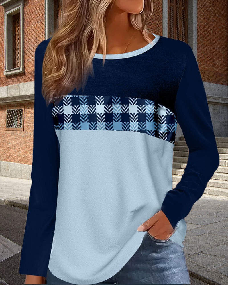 Round neck long sleeve color block top 2024 f/w blouses & shirts