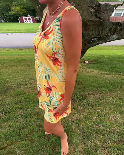 Abito dritto floreale senza maniche con scollo a V