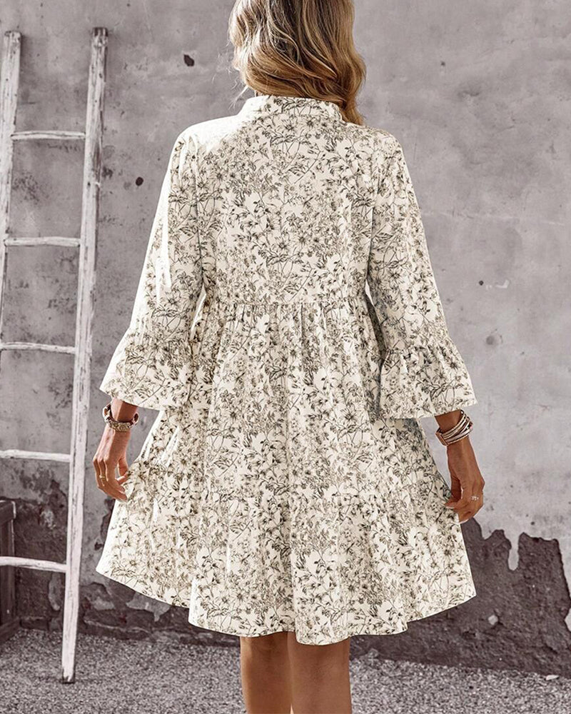 Stand-Collar Floral Print A-Line Dress