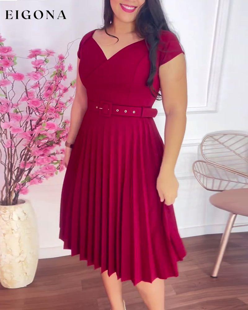 Solid color pleated V-neck elegant dress casual dresses summer