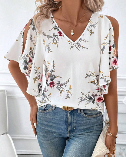V-Neck Off-Shoulder Printed Blouse