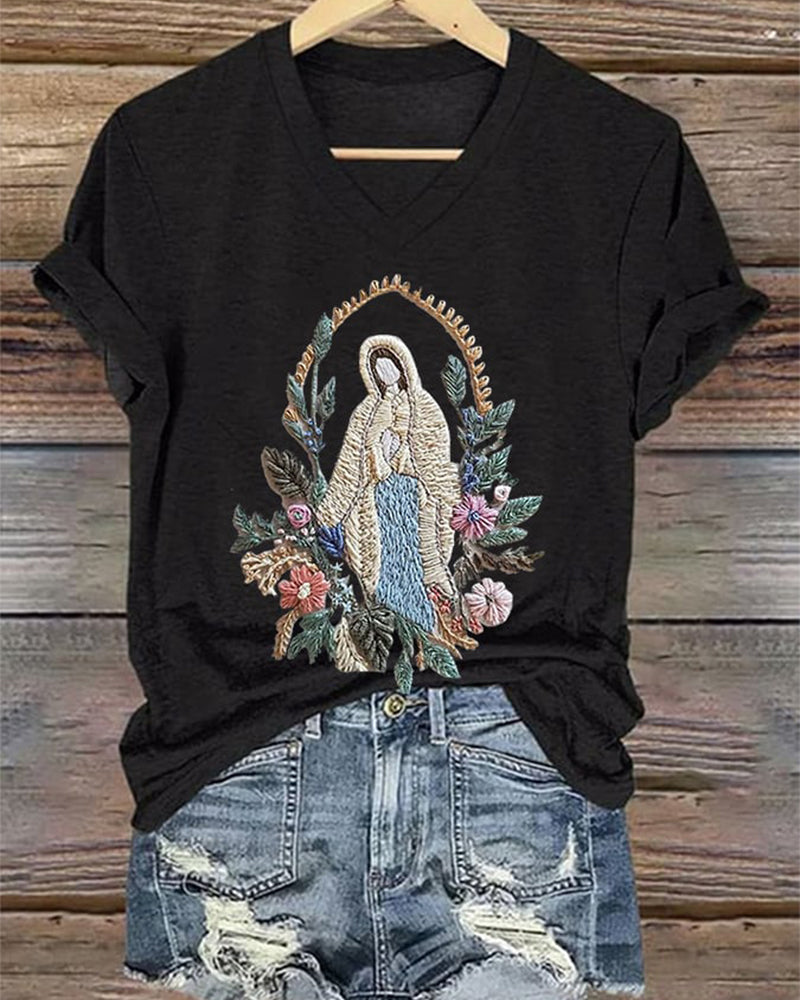 Women's Christian Our Lady Floral Printed V-Neck T-shirt