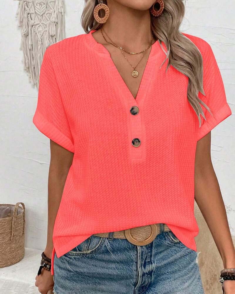 Waffle V-Neck Button T-Shirt