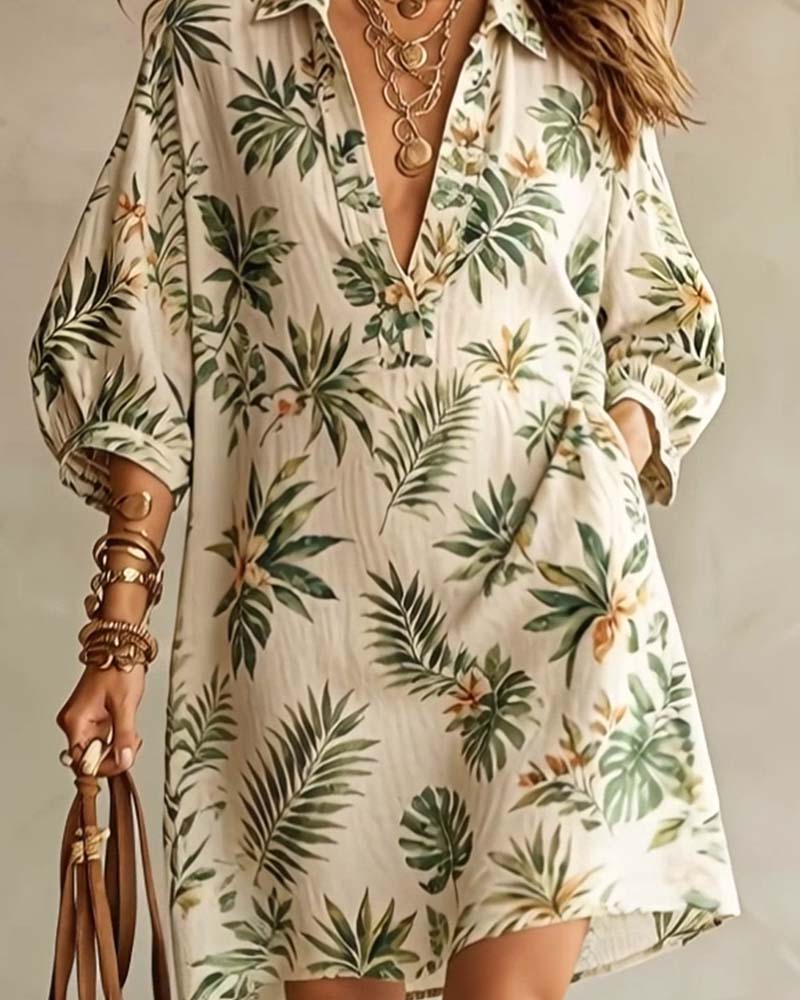 Puff Sleeve V-Lapel Floral Print Dress