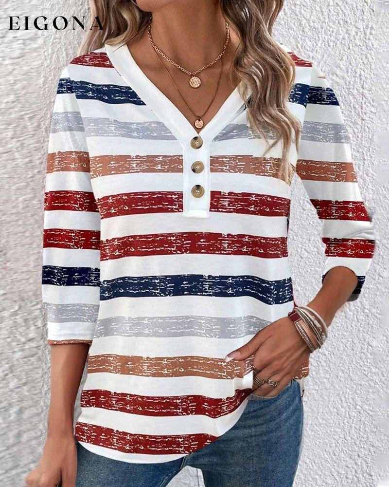 Colorful striped V-neck buttoned casual top Blouses & Shirts Spring Summer