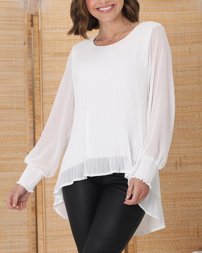 Casual solid color round neck pleated long sleeve top 202466 blouses & shirts spring summer