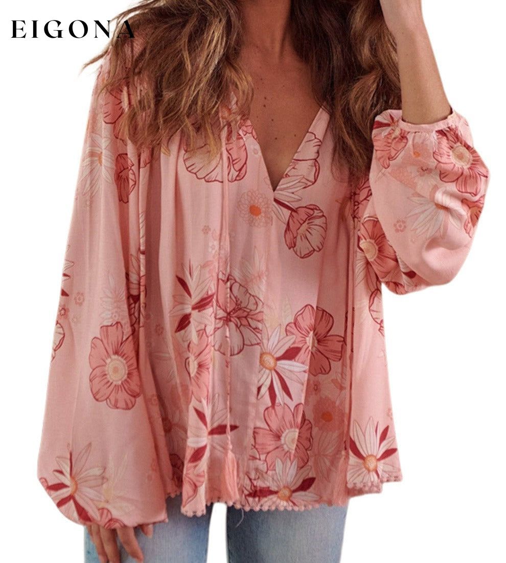 Multicolor Floral Tasseled V Neck Puff Sleeve Blouse All In Stock clothes Color Pink Occasion Daily Print Floral Season Spring Style Southern Belle