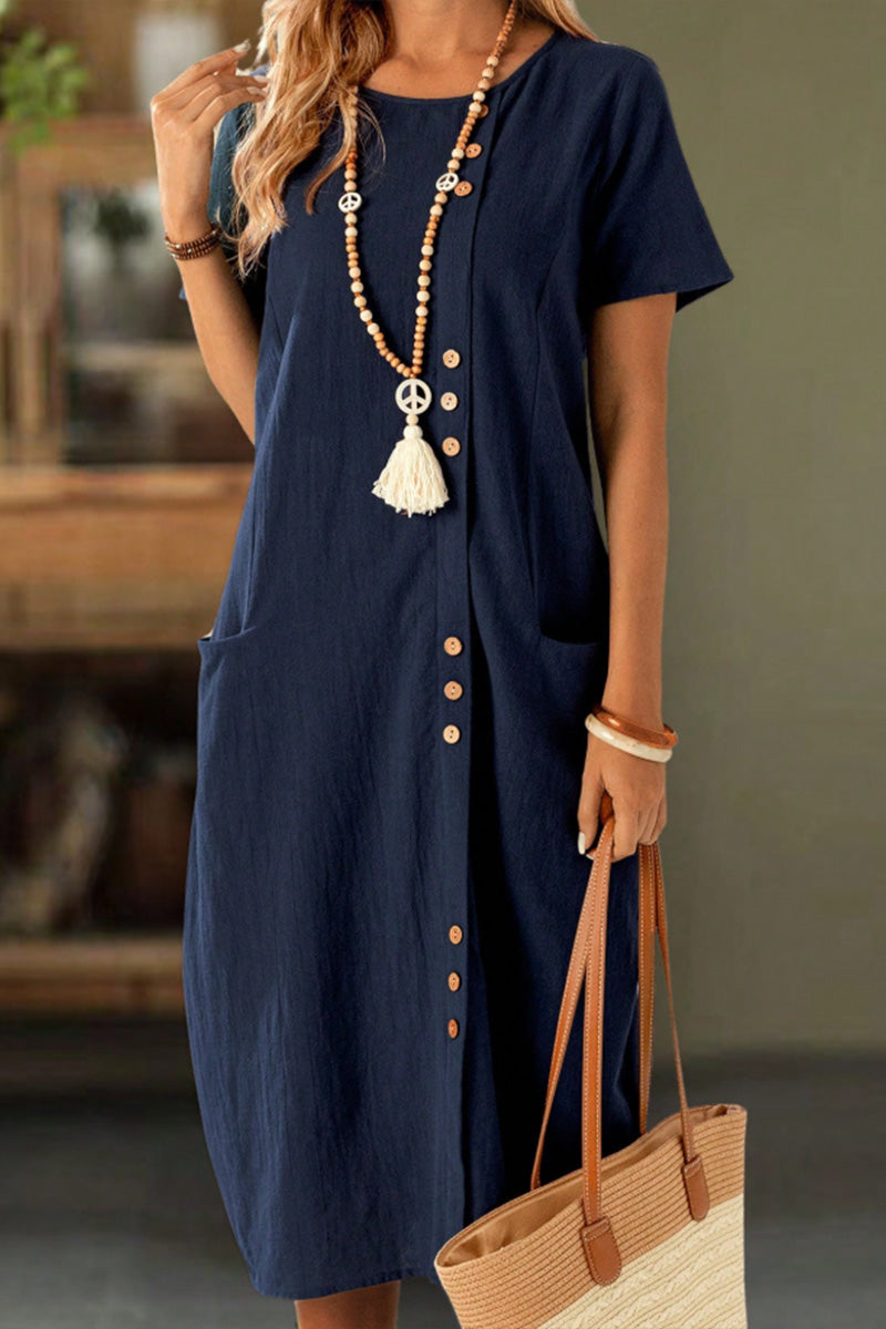 Buttoned Short Sleeve Pocket Shift Dress