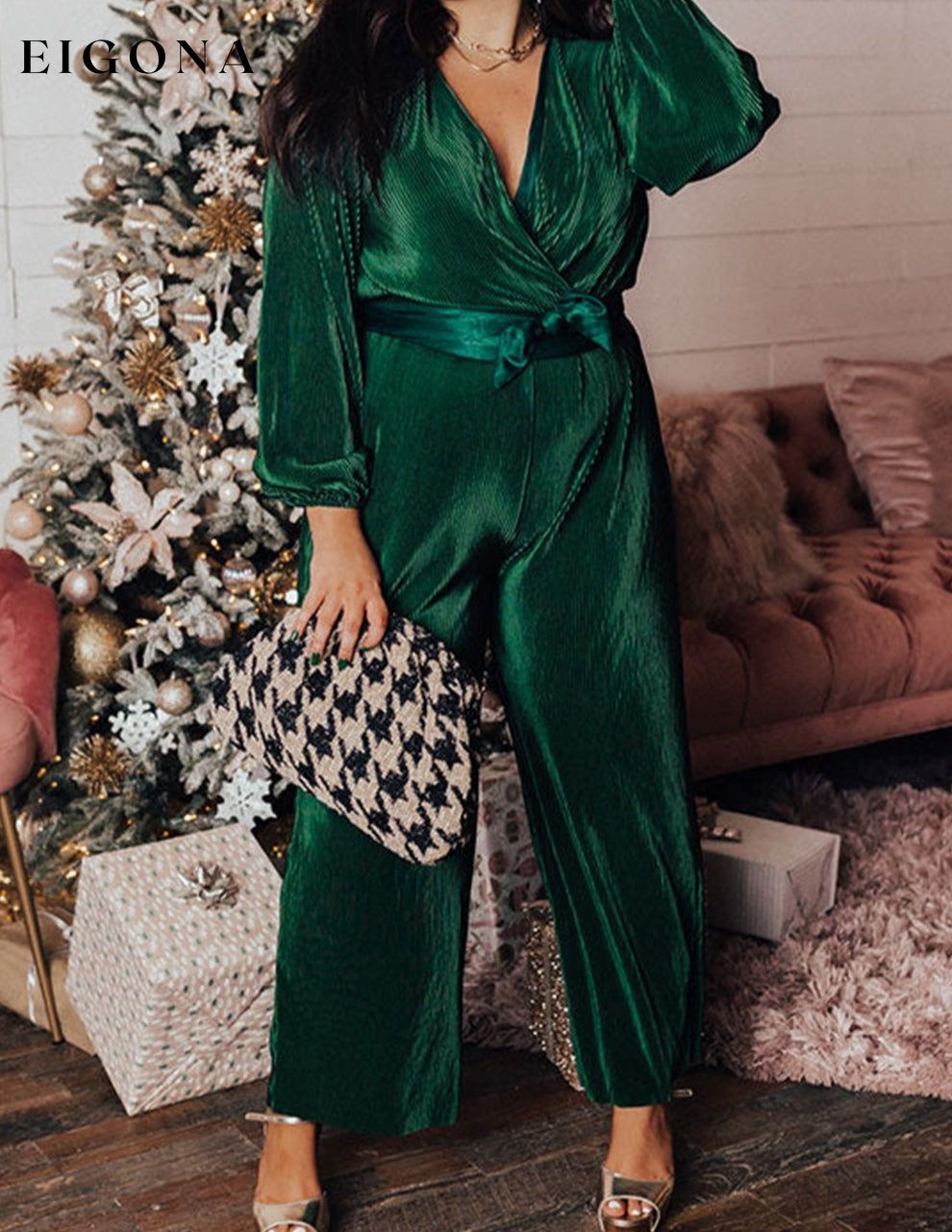 Dark Green Plus Size Pleated Satin Belted V Neck Jumpsuit All In Stock clothes Color Green Day Christmas Jumper Jumpsuit Occasion Night Out Print Solid Color Rompers Season Fall & Autumn Silhouette Wide Leg Style Southern Belle