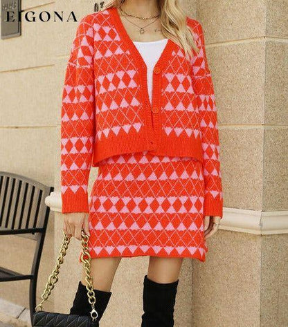 Geometric Button Front Cardigan and Skirt Set Red clothes Ship From Overseas X.X.W