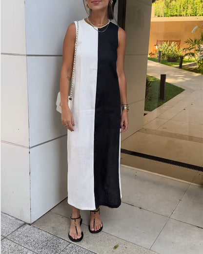 Abito senza maniche in cotone e lino color block