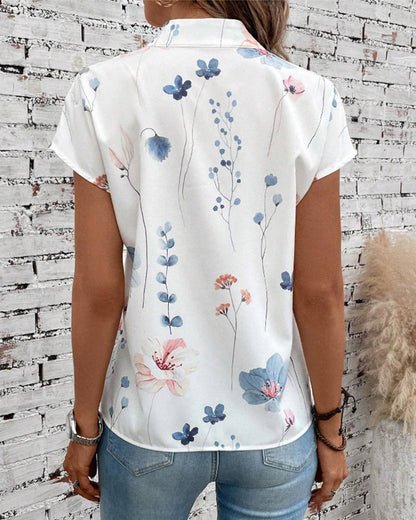 Floral print stand collar short sleeve top
