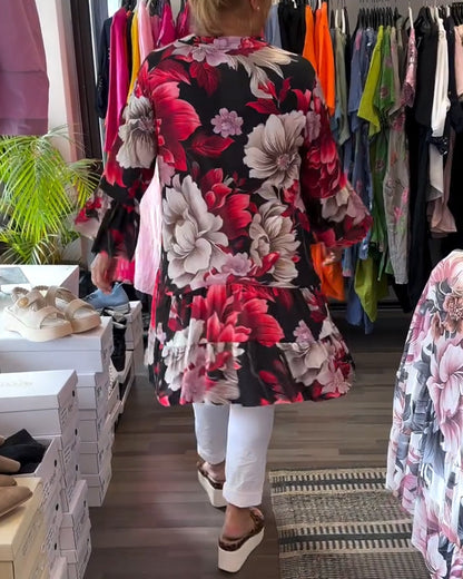 Bell - Sleeve Loose Floral Dress