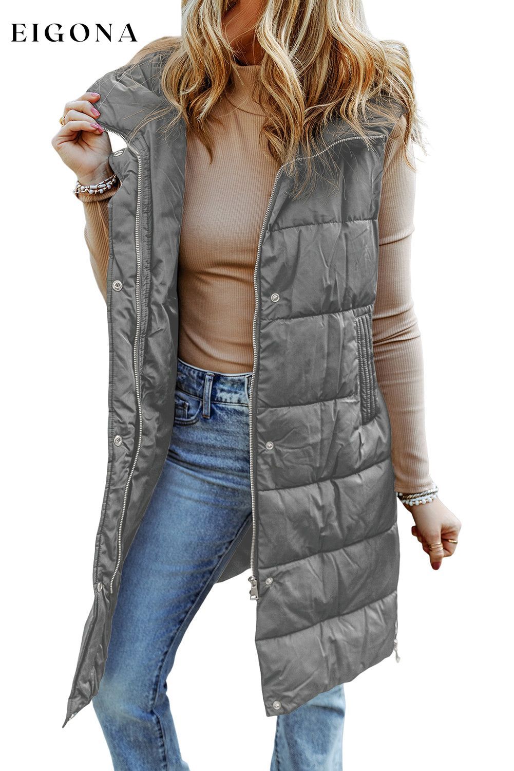 Dark Grey Hooded Long Quilted Vest Coat All In Stock clothes Craft Quilted DL Chic DL Exclusive Jackets & Coats long vest Occasion Daily Print Solid Color Season Winter Style Casual vest vests