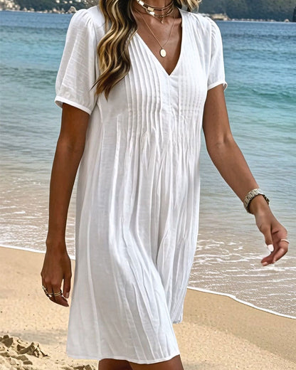 Cotton Puff Sleeve V-Neck Ruched Dress