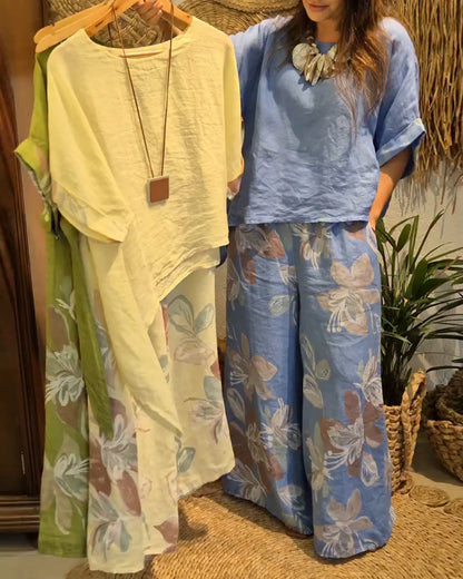 Cotton Linen T-Shirt Printed Wide-Leg Pants Set