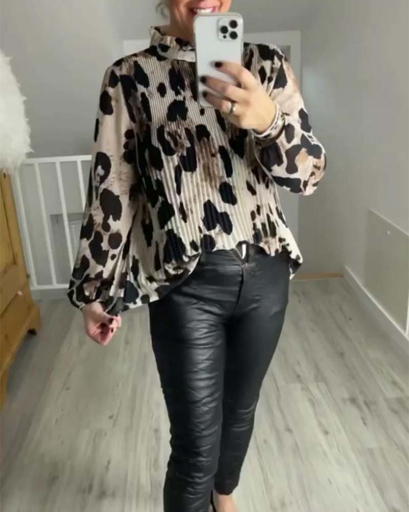 Casual printed stand-up collar long sleeve pleated blouse blouses & shirts spring summer