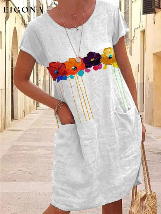 Women's Floral Print Short Sleeve Round Neck Cotton Linen Pocket Dress linen dresses