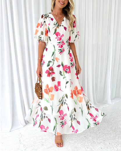 Elegant dress with puff sleeves and floral print casual dresses summer