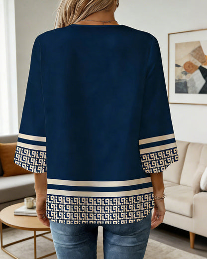 Geometric Print V-Neck Three-Quarter Sleeve Top