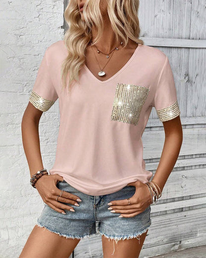 Lässiges Kurzarm-T-Shirt mit V-Ausschnitt und Pailletten