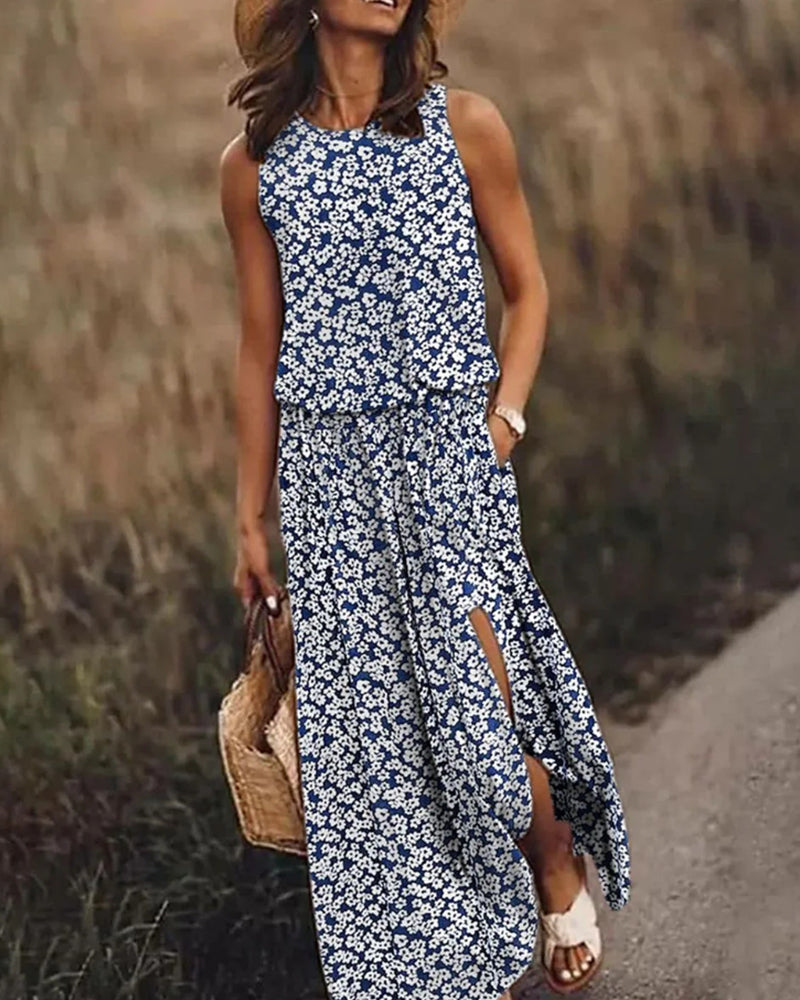 Floral print sleeveless slit maxi dress casual dresses summer vacation dresses