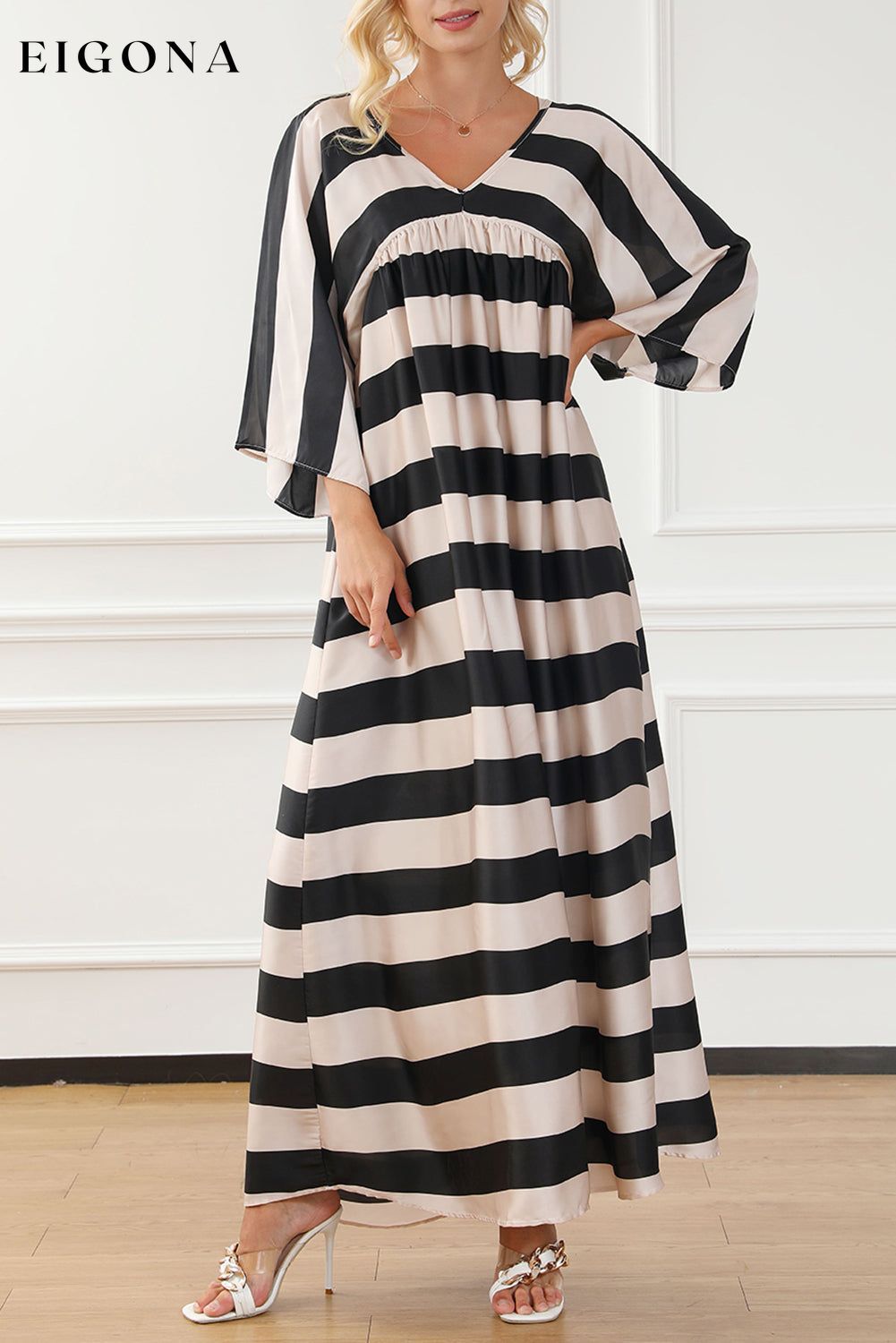 Black V Neck Kimono Sleeve Striped Maxi Dress Black 100%Polyester All In Stock clothes Occasion Daily Print Color Block Season Spring Silhouette A-Line Style Casual