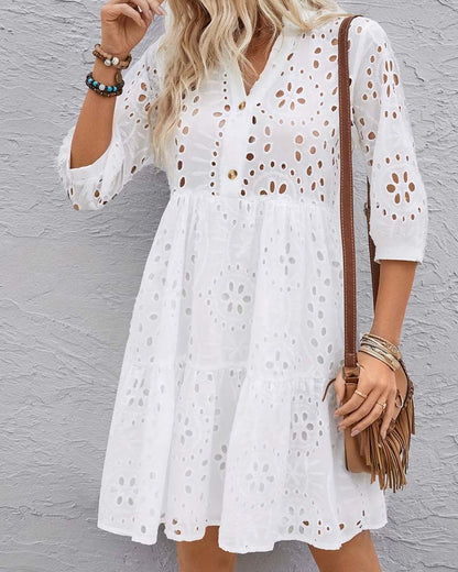 Hollow Out V-Neck Solid Color Ruffle Dress