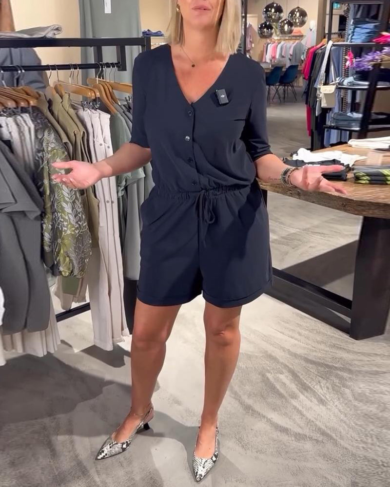 Short-Sleeved V-Neck Lace-Up Jumpsuit