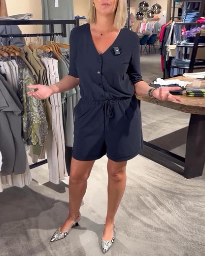 Short-Sleeved V-Neck Lace-Up Jumpsuit