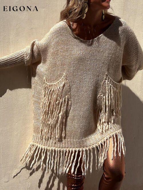 Fringe Detail Long Sleeve Sweater with Pockets Camel A@Y@M clothes Ship From Overseas Sweater sweaters Sweatshirt