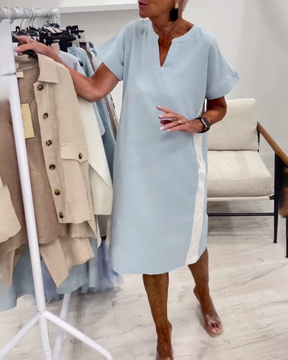 Short-Sleeved Contrast Color Straight Dress