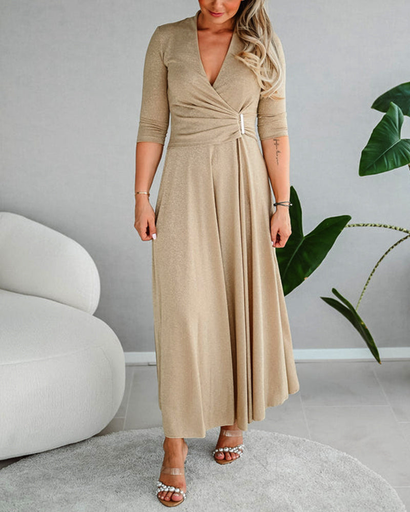 Elegant solid color V-neck three-quarter sleeve dress 2023 f/w casual dresses spring