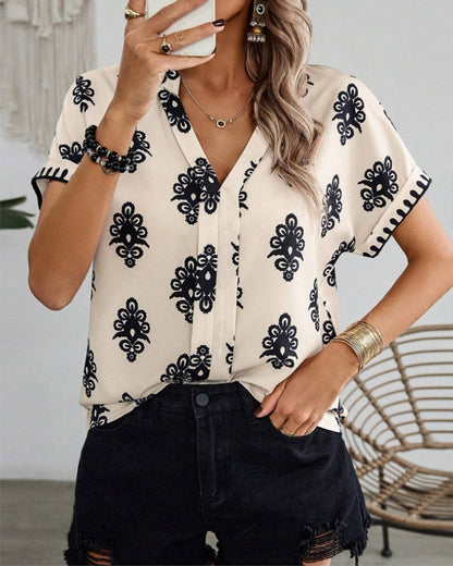 Printed V-neck short-sleeved elegant blouse blouses & shirts summer