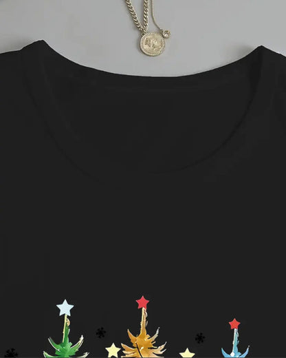 Long-Sleeved Crew Neck Christmas Tree Print Top