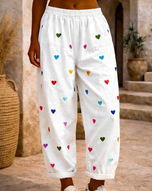 Heart Elastic Waist Wide Leg Cropped Pants