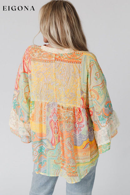 Multicolor Paisley Print Bell Sleeve Lace V-Neck Button Sheer Blouse All In Stock Best Sellers clothes Early Fall Collection long sleeve shirt long sleeve shirts long sleeve top long sleeve tops Occasion Daily Print Paisley Season Spring shirt shirts Style Bohemian top tops