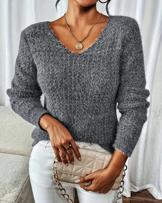 V-neck Plush Long Sleeve Sweater