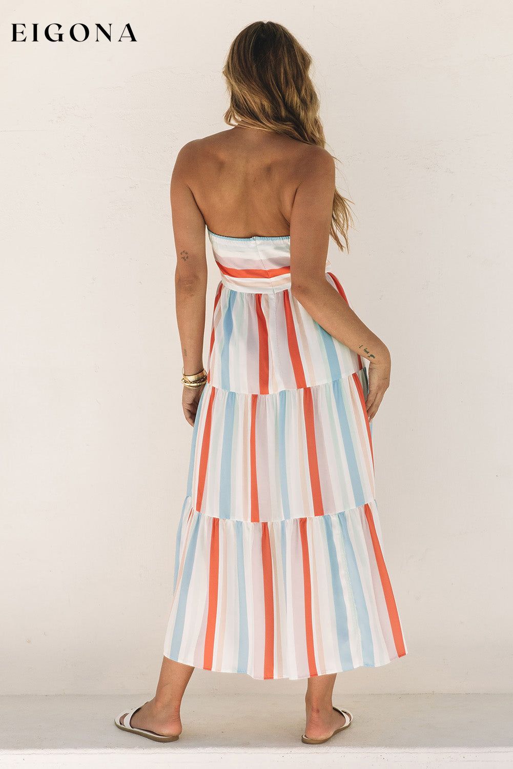 Multicolor Striped Tie Decor Strapless Tiered Maxi Dress casual dress casual dresses clothes Collar One Shoulder DL Exclusive dress dresses midi dress Occasion Vacation Print Color Block Season Summer Sleeve Sleeveless Style Casual