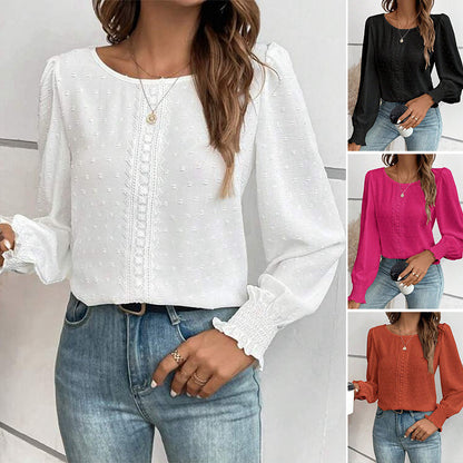 Simple Round Neck Solid Color Blouse 2024 f/w blouses & shirts