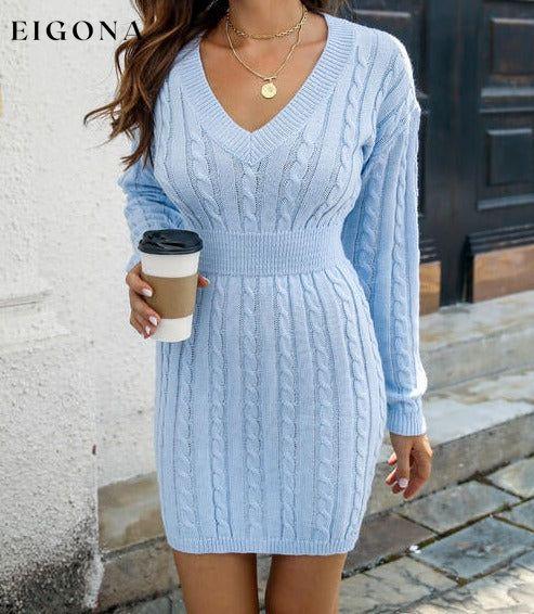 Cable-Knit V-Neck Long Sleeve Mini Sweater Dress Misty Blue clothes M.Y.C Ship From Overseas