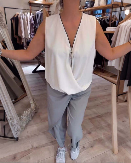 Sleeveless Half Zip Solid Color Tank Top