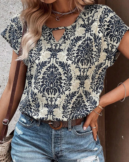 V-Neck Hollow Print Short-Sleeved T-Shirt