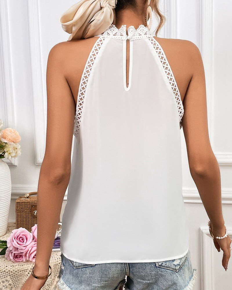 Solid Color Hollow Lace Sleeveless Vest spring summer tank tops & camis