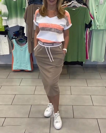 V-Neck Striped Sports Skirt Set