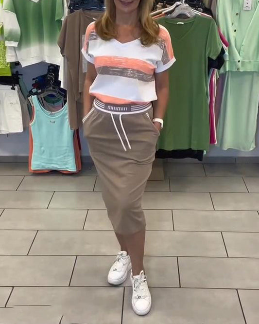 V-Neck Striped Sports Skirt Set
