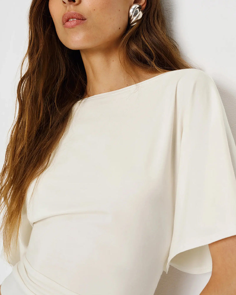 Bateau Neck Batwing Sleeve Waist-Cinch Cropped T-Shirt